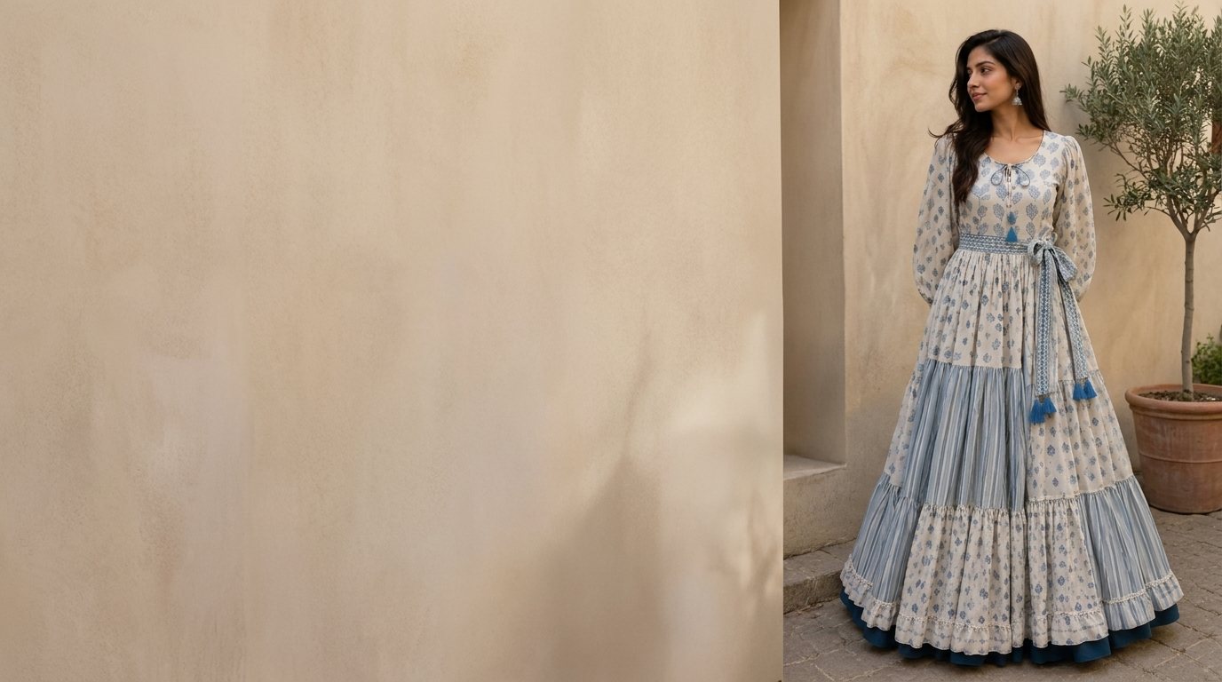 Blue printed tiered party wear dress